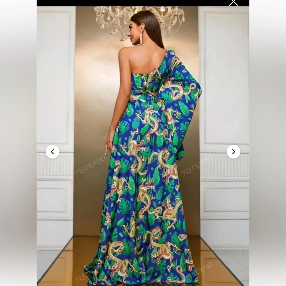New Giffniseti Dragon Shoulder Bridesmaid Maxi Dress Gown Kimono Blue Orange - Picture 4 of 15